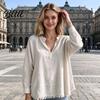 Layered Blouse Women Loose Fit V-Neck Blouse Solid Color Long Sleeve Tassel Hem Daily Wear Shirt Casual Fringe Trim Tops for Business Commuting