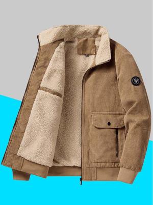 Veste à col montant en velours côtelé pour homme - Hiver 2025. Doublé de laine d'agneau chaude, Coupe ample décontractée, Vêtement de travail.