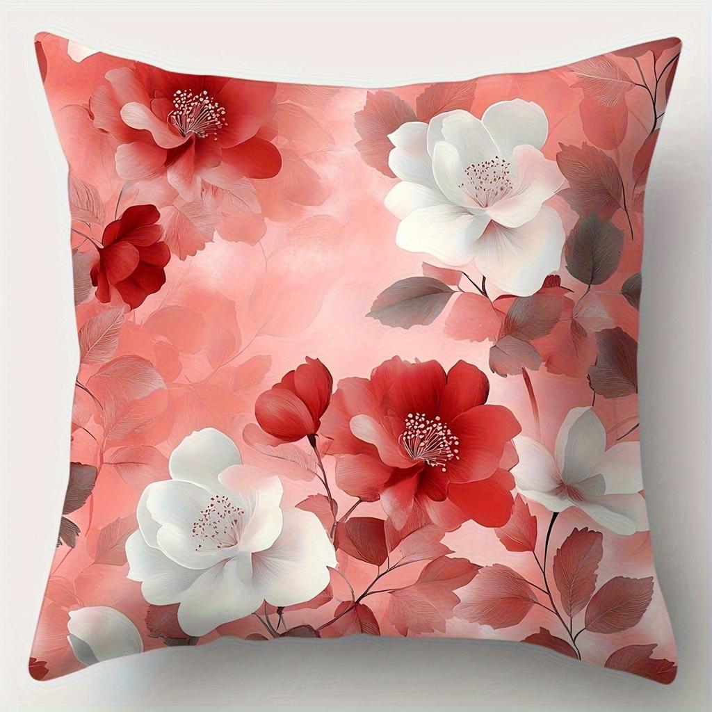 Romantic Pink & Red Floral Pillowcase - Watercolor Flower Print Pillow Cover for Sofa Bedroom Living Room