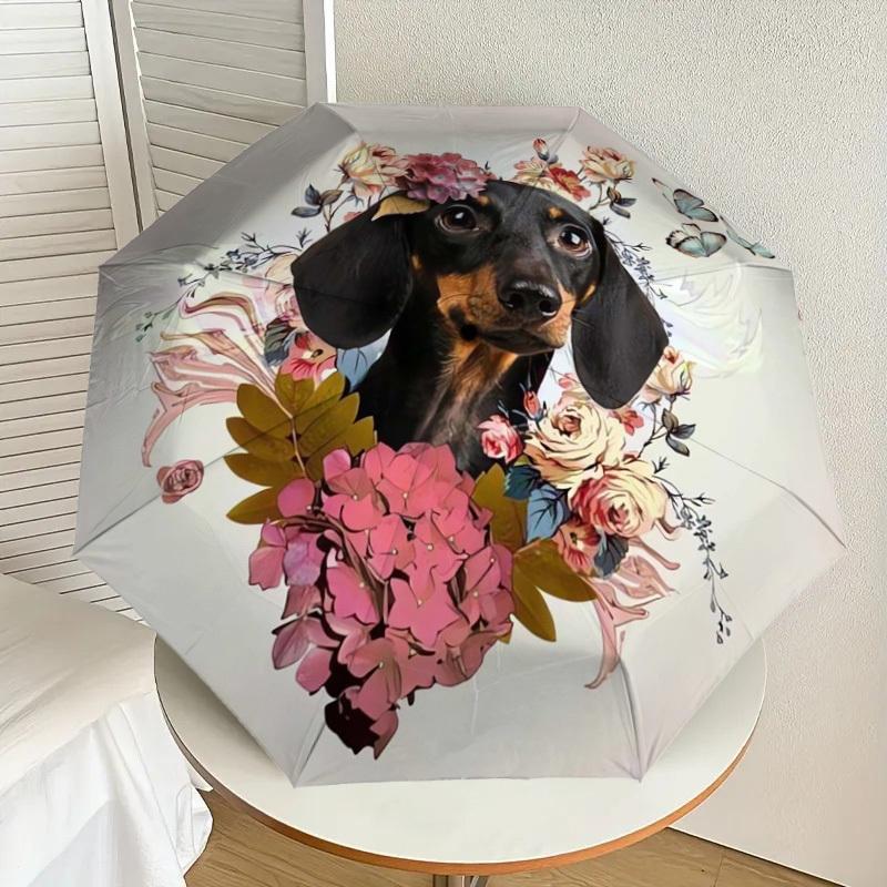 1pc Floral Dachshund with Butterflies Umbrella with Plastic Handle,Suitable for All Seasons Home Travel Outdoor UmbrellaDD1771