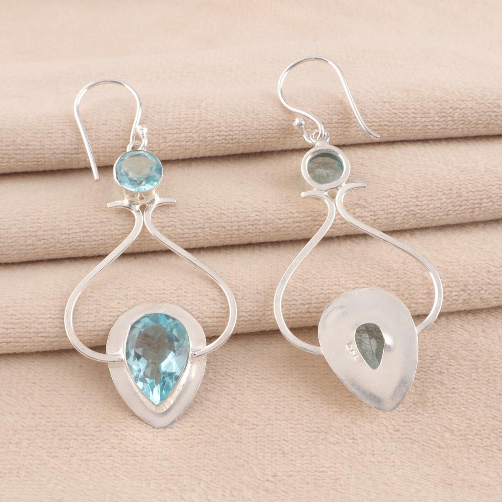 Natural Sky Blue Topaz Gemstone 925 Solid Silver Handmade Earrings 2.07" For Her EE-170-6