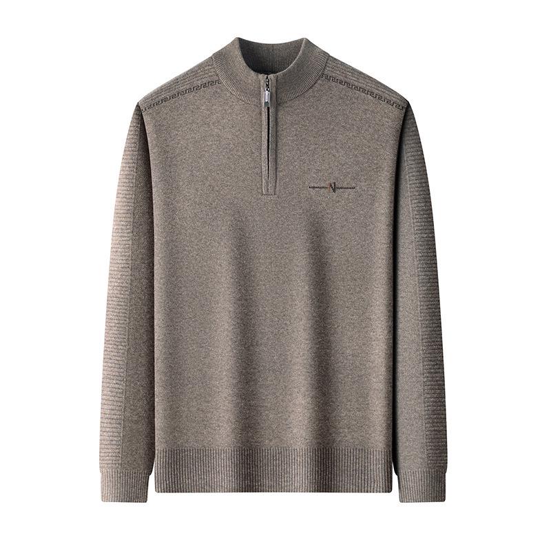 Men's Autumn/Winter Embroidered Knit Sweater: Zipper Stand Collar, Middle-aged Style, Fashionable & Thick, Versatile Warmth