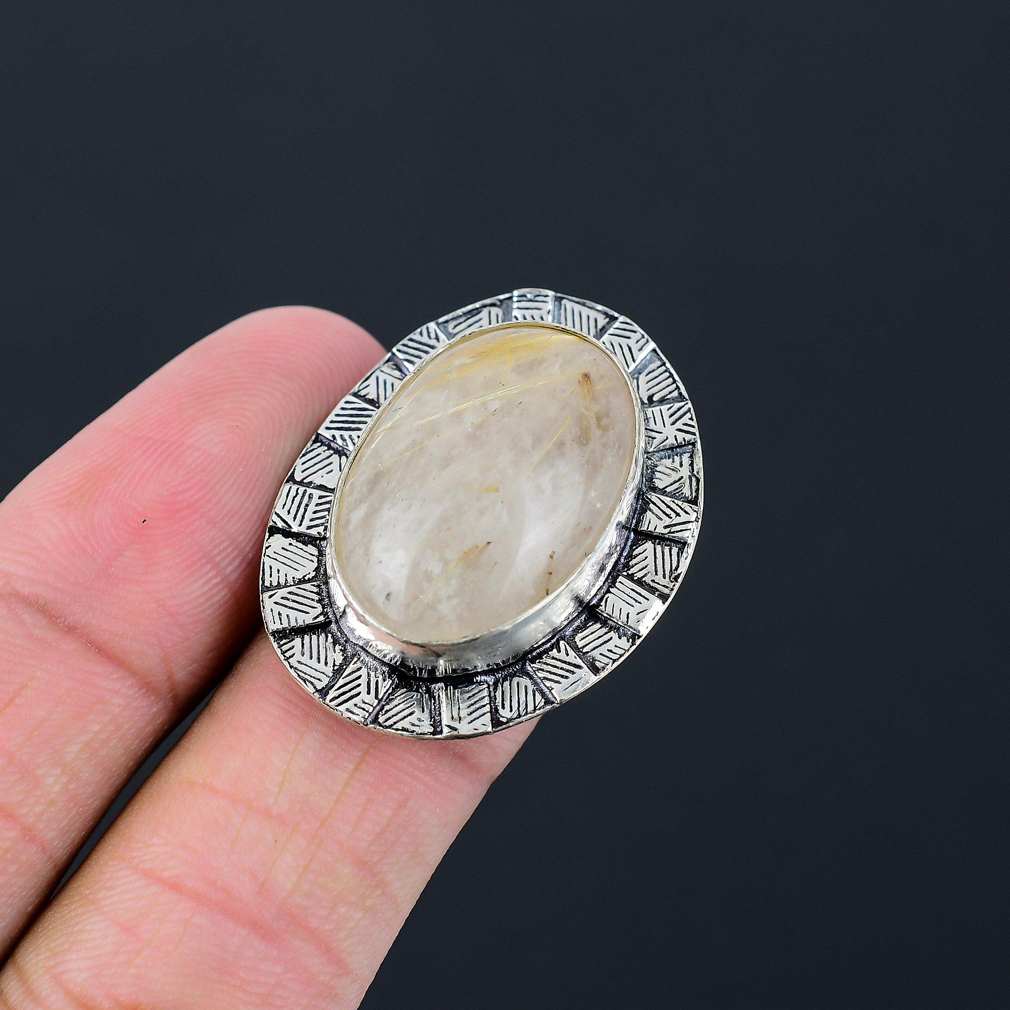 Daughters Day Deal Sterling Silver Golden Rutile Stone New Solitaire Ring US 7 7