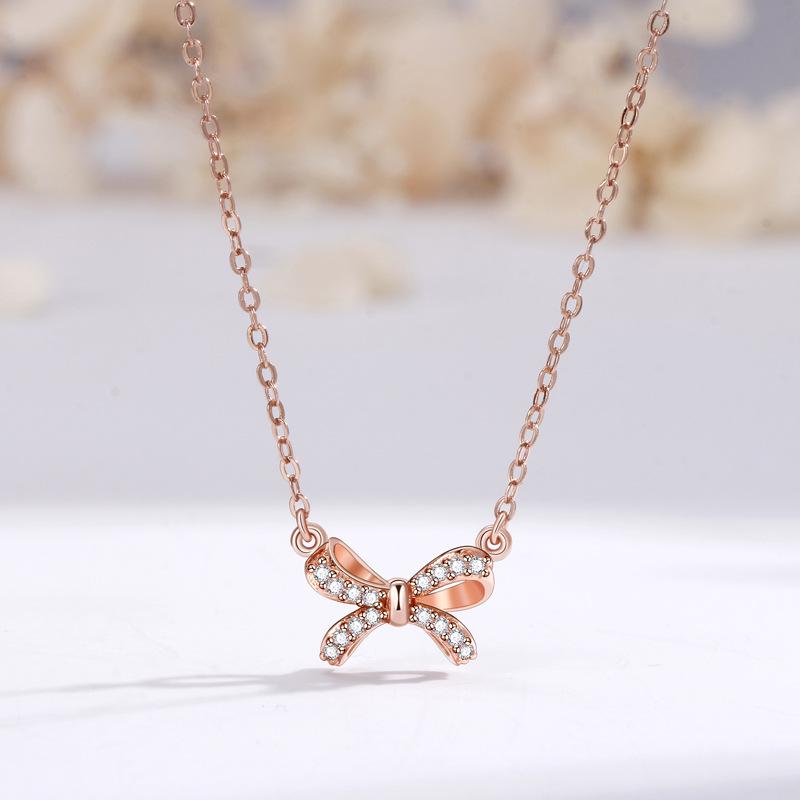 S925 Sterling Silver Bow & Butterfly Pendant Necklace with Zircon, Korean Clavicle Chain Design for Women 925 Silver розового золота