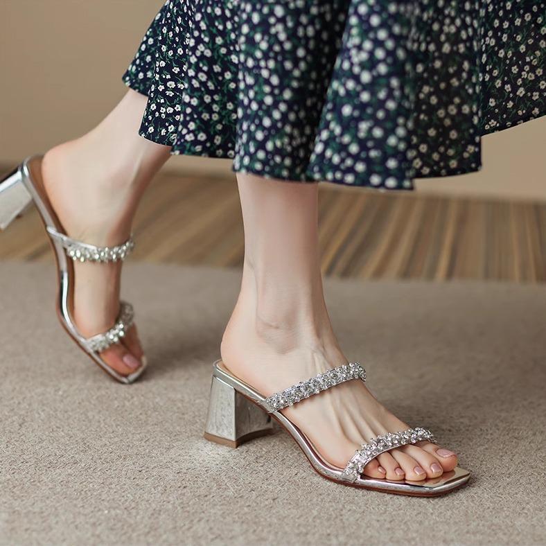 Sandals women's summer square head high heels thick heel rhinestone word with sandals open toe temperament celebrity style slippers