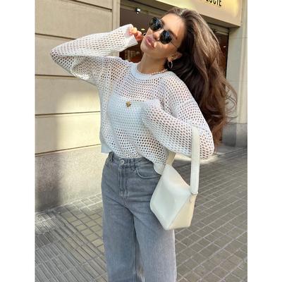 Long Sleeve Transparent Vintage Top Loose Pullovers Basic Sexy T-shirt for Women Summer Knitted Sweater Women's Oversize T-shirt