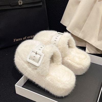 Women's Influencer Faux Fur Slippers - Closed Toe, Thick Sole Platform, Autumn/Winter 2025 High-End Cotton Slippers.