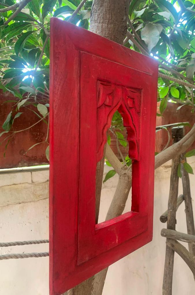 Red Painted Wooden Frame: Indian Jharokha Style, Rustic Wall Decor