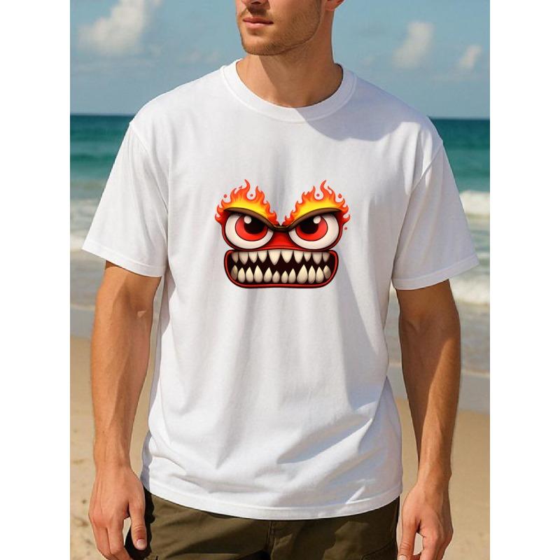 

European sizes Flame Monster Funny Print, Men s Clothing, Casual Short-sleeved T-shirt, Men s Casual Short-sleeved Round-neck Pattern Printed T-shirt 4XL білий