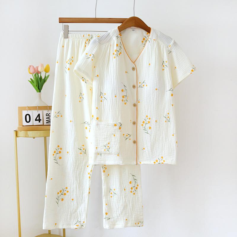 2026 New Women's Spring/Summer Pajama Set 100% Cotton Crepe Short Sleeve Pants with Chest Mat Two Piece Set Large Home Clothes