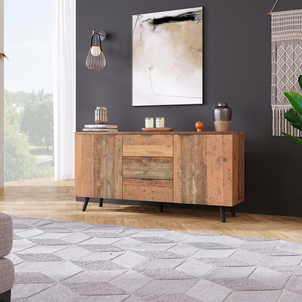 Sideboard TV Cabinet with Adjustable Shelves, Storage Cabinet, Three Drawers, for Living Room, Dining Room, Bedroom, Vintage, Brown, 140cm