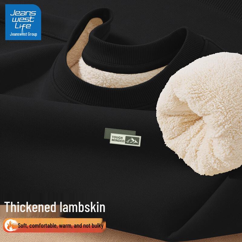 JEANSWEST LIFE Men's Winter Lamb Wool Lined Round Neck Sweatshirt