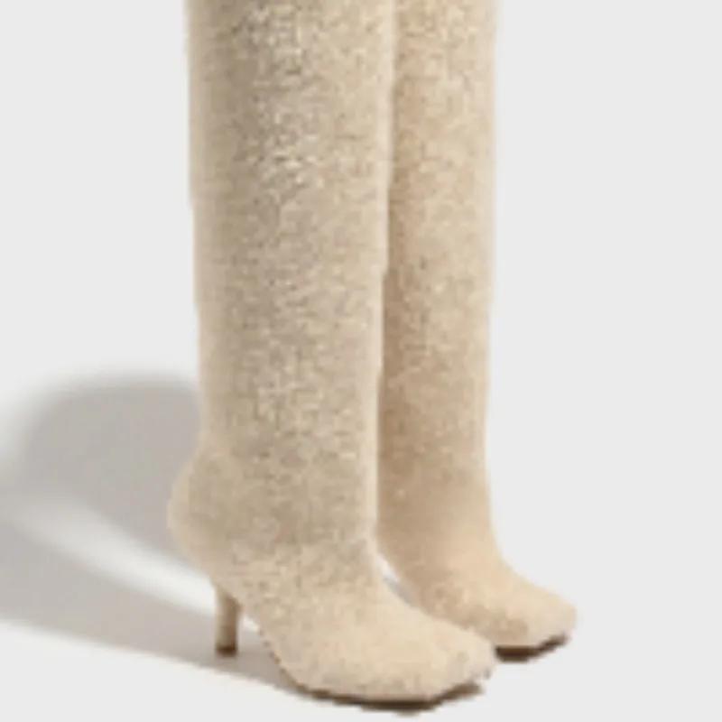 Ensanchamiento y Ampliación Botas Altas de Cuero Gamuzado hasta la Rodilla para Mujer Pierna Ancha Punta Cuadrada Zapatos para Mujer Botas de Plataforma