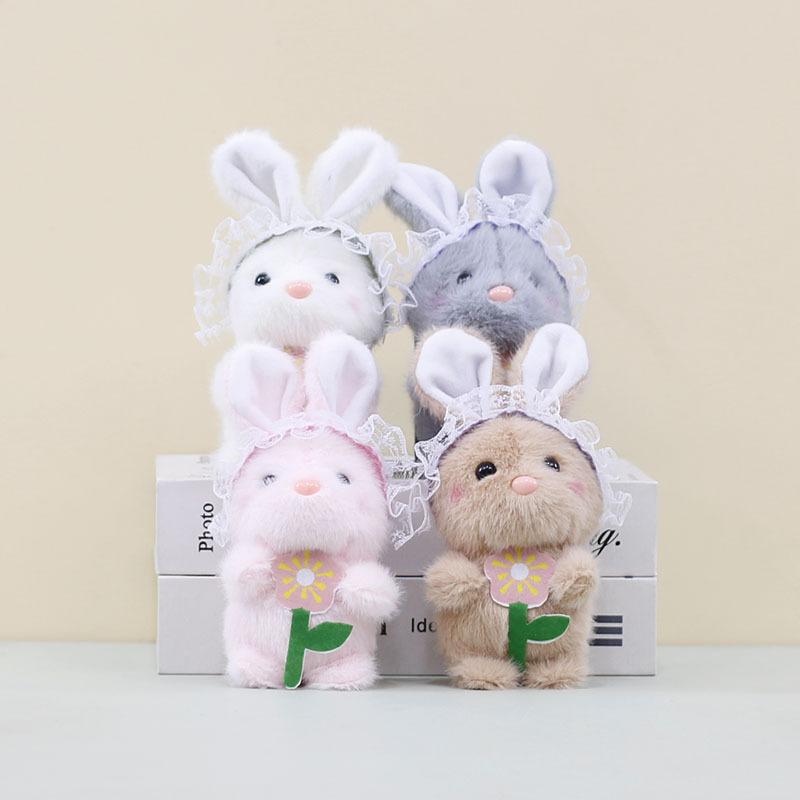 Cute Grey White Brown Pink Flower Bunny Plush Keychain Soft Doll For Bags Keys And