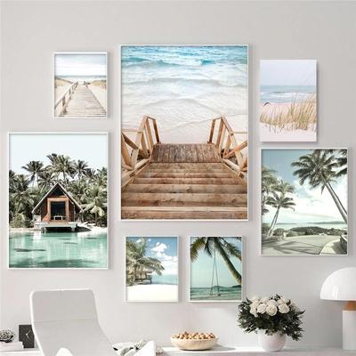 Póster de Playa Tropical Oceánica Palmera Hojas de Plátano Arte de Pared Pintura sobre Lienzo Puente Paisaje Marino de Verano Imagen Para Decoración del Hogar