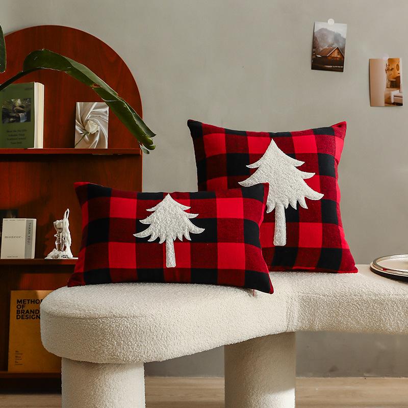Christmas Red and Black Plaid Embroidered Pillow Cushion Cushion Cover Christmas Style Bedroom Living Room Pillow Without Core