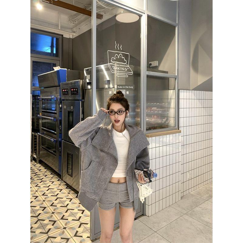 Kumikumi Stylish Gray Double Zipper Long Sleeves Sweaters Women's Clothing Fall Retro Casual Loose-Fitting Coat Top