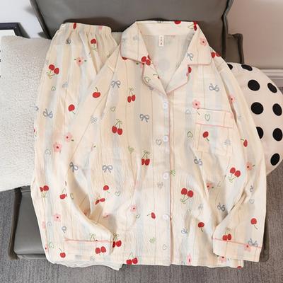 Cute Cherry Flower Bow Tie Print 2 Pieces Women's Pajamas Set Button V-neck Design Women's Sleepwear New Cartoon Homewear