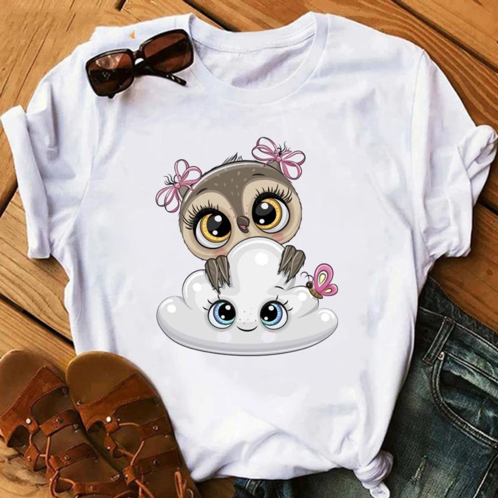 Cartoon Owl Printed T-shirt Women's Pattern Shirt Casual Short Sleeve Black Women's T-shirt O-neck Harajuku T-shirt
