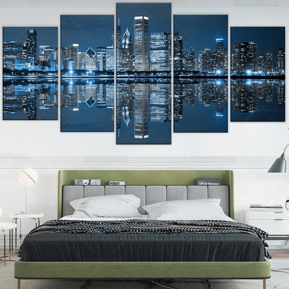 Chicago Downtown At Night Picture Canvas Print Modern City Wall Art 5 Panel Artwork for Office Living Room Wall Decoration