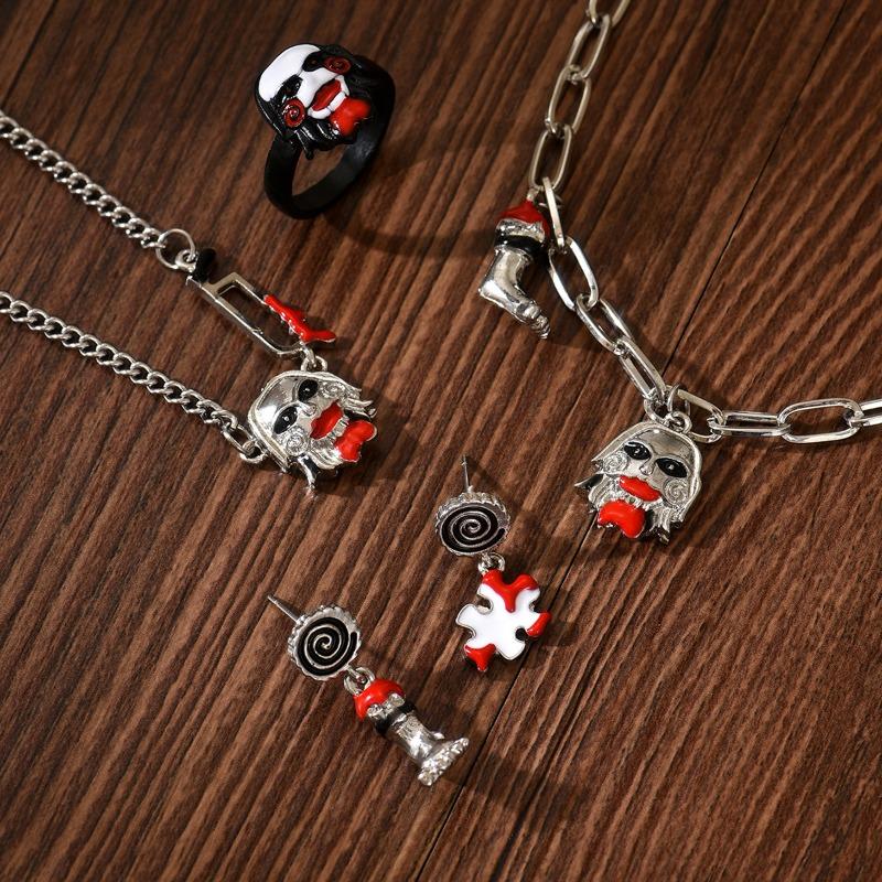 Halloween Horror Dark Wind Necklace Stud Earring Set Personality Trend Vampire Bloody Drip Oil Ring Accessories Female
