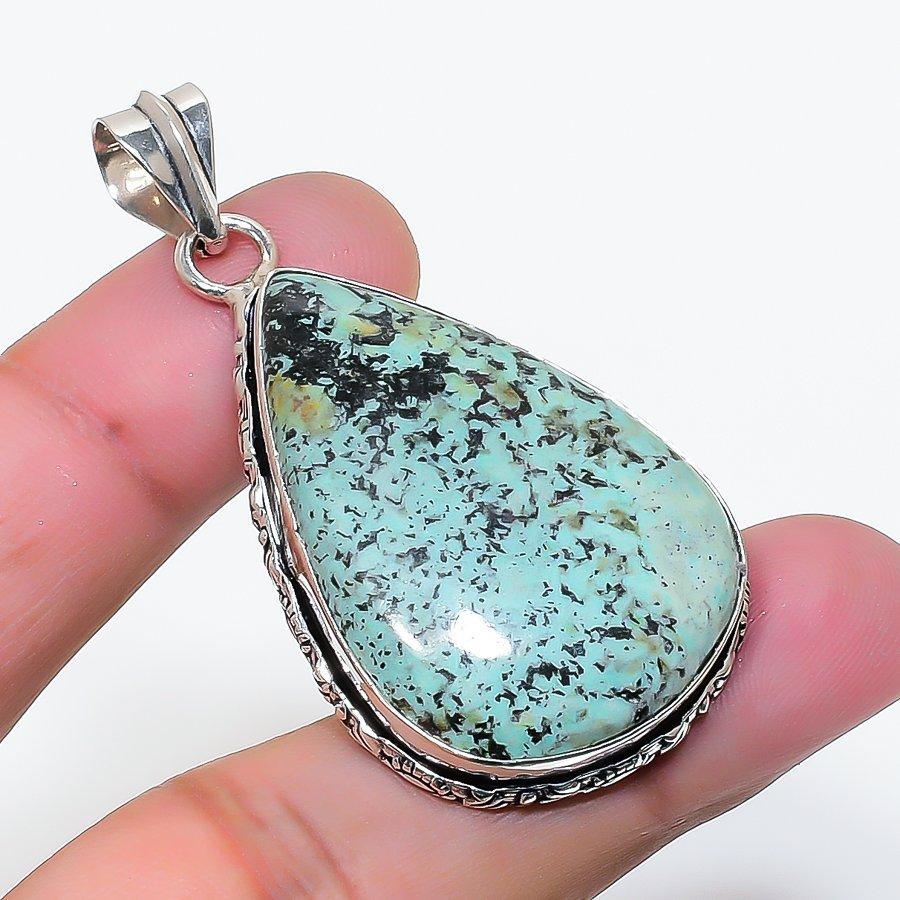 Natural Tibetan Turquoise Gemstone 925 Sterling Silver Pendant 2.05" AP-15784