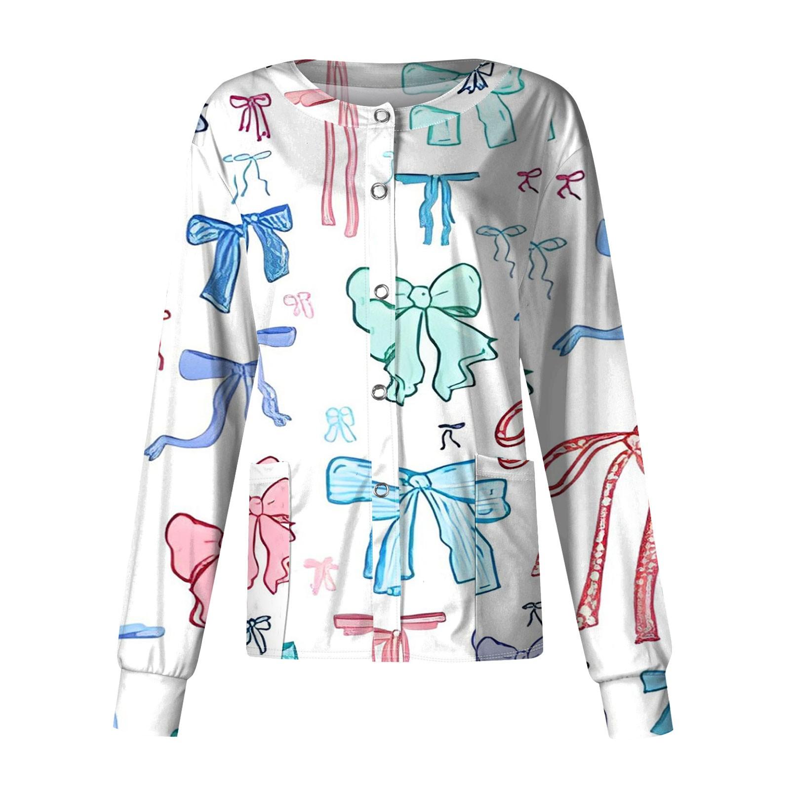Women s Casual Long Sleeve Single Breasted Bow Printed Clothing Cardigan Top XXXXXL