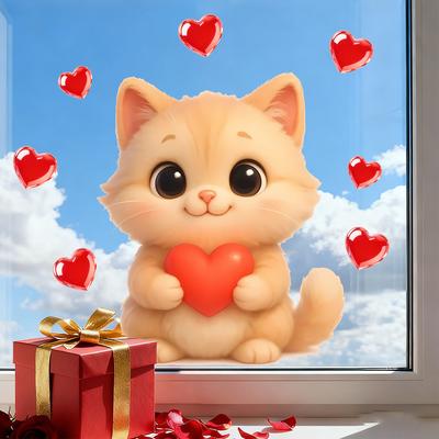 Valentine‘s Day Cute Kitten with Hearts Static Cling Window Stickers No Glue Needed Removable Bedroom Living Room Study Home Decor