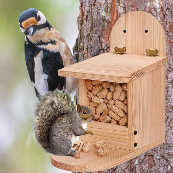 Removal Cover Easy Installation Large Capacity Food Container Wooden Squirrel Bird Food Feeder Pet Supplies