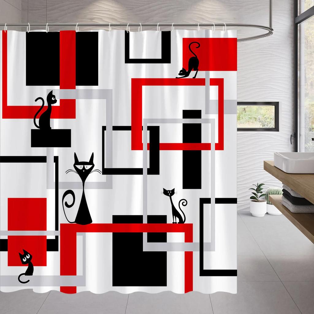 Abstract Geometric Black White Red Shower Curtain 3D Block Square Elegant Frame Modern Decor Fabric Bathroom with Hook Grey