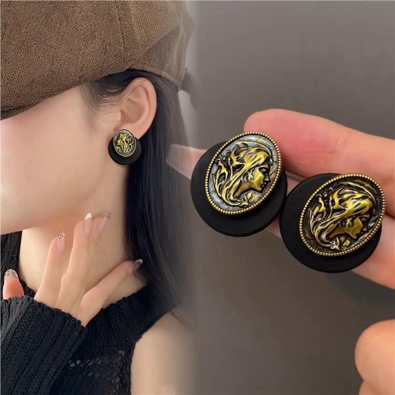 Silbernadel Harz Oval Portrait Ohrstecker - Retro Hofstil Ohrstecker mit Faltenmuster und Hochwertigem Gefühl