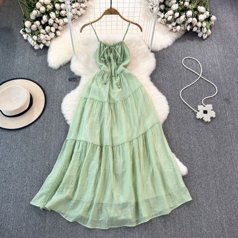 

Socialite Temperament Waist-Controlled A- line Chiffon Big Swing Long Dress Green One size