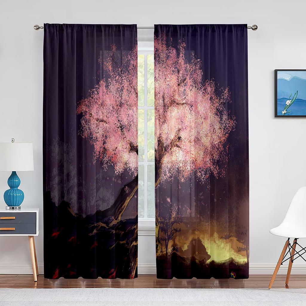 Cherry Blossom Sheer Voile Curtain Floral Sakura Blossom Pink Flower Window Tulle Curtains for Living Room Bedroom Kitchen Decor