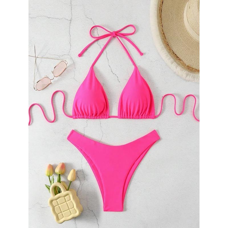 Sexy Solid Halter Lace Up Low Waist Bikini Set Women's 2 Pieces Swimsuit Triangle Thong Swimwear Bathing Suit Brazilian Biquini