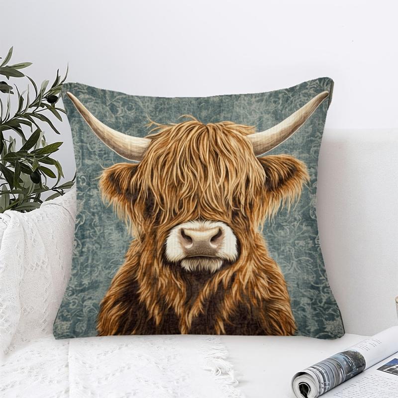 Vikama Elegant Highland Cow Portrait Pillowcase Hand Washable Perfect For Decorating Sofas, Bedrooms, And Offices