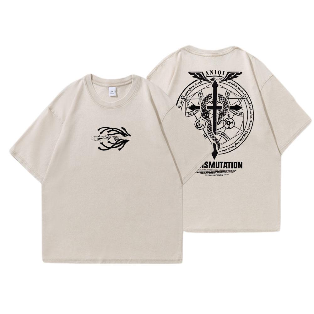 Anime Fullmetal Alchemist Vintage Washed T Shirt Oversize Cotton Tshirts Men Tee Cotton Streetwear Unisex Top