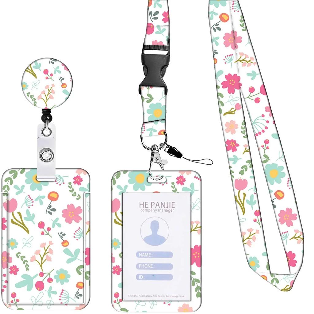 Students Bus Card Case Lanyard Child Visit Door Identity Badge Cards Cover Case Ladies Girls Flower ID Credit Bank Card Holder