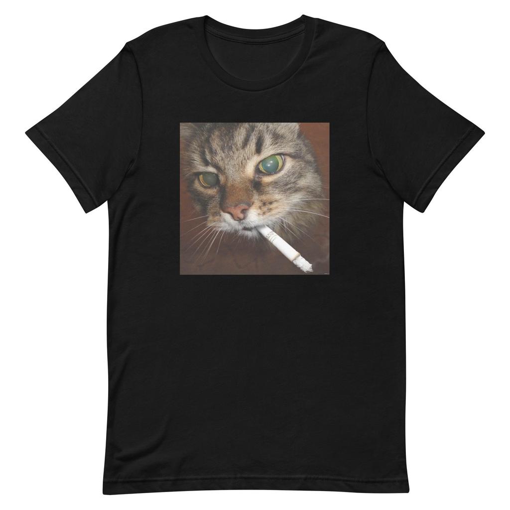 MenS Summer Casual Black Short Sleeve TShirt with Whimsical Cat and Watermelon Design