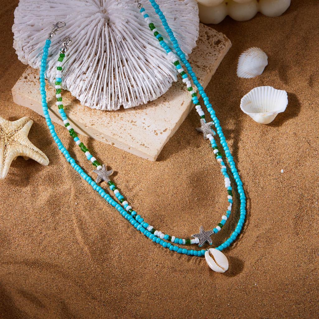 Beach Themed Colorful Shell Pendant Necklace for Women Pearl Star Crossbody Layered Collarbone Chain Jewelry Accessory
