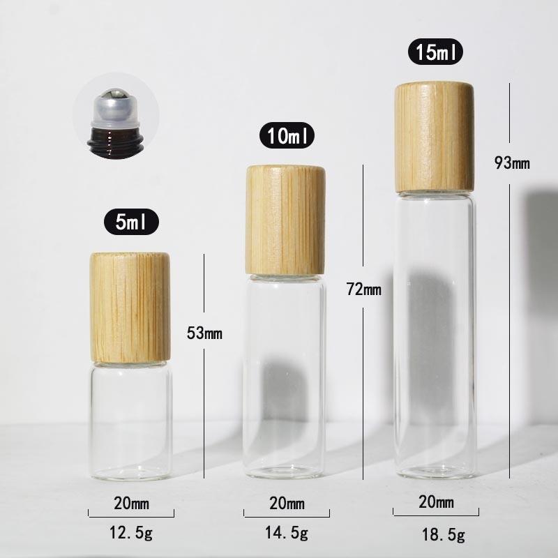 10Pcs 5ml 10ml 15ml Amber Clear Glass Roll On Bottles Natural Bamboo Wood Cap Sample Roller Ball Vials For Essential Oil Perfume