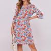 Women's Fashionable V Neck  V-neck Ruffle Sleeves Retro Print Loose Pleated Five Quarter Sleeve Dress