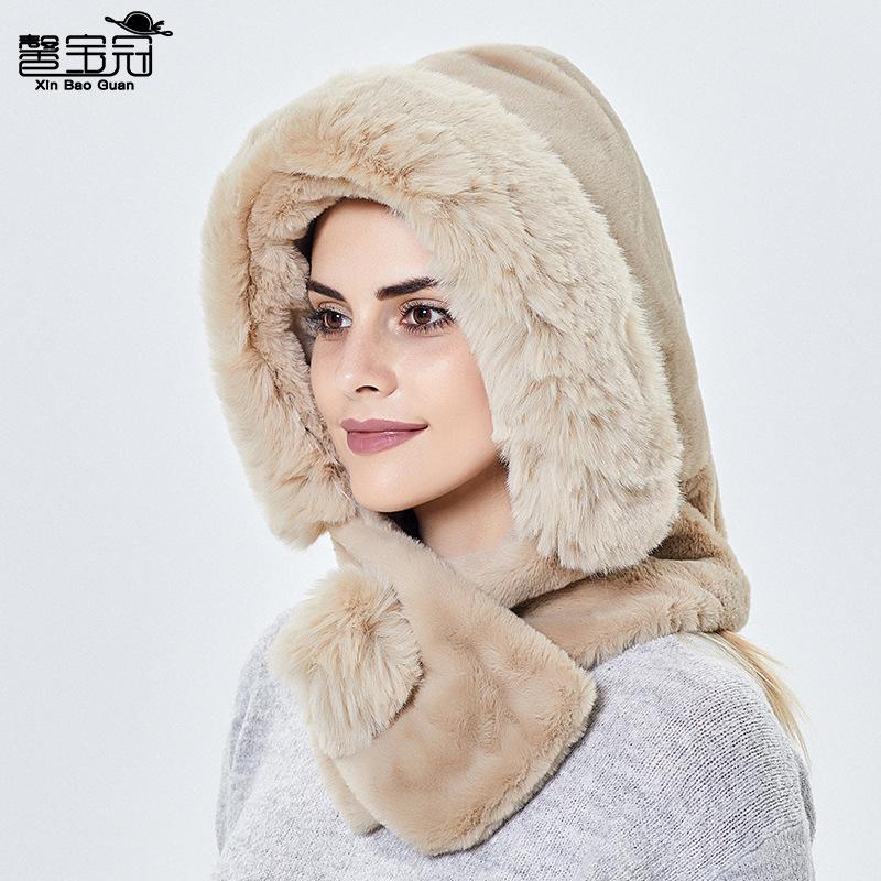 Women's Autumn and Winter Warm One Piece Plush Hat with Scarf Windproof Cycling Ear-protecting Hat with Neck Warmer
