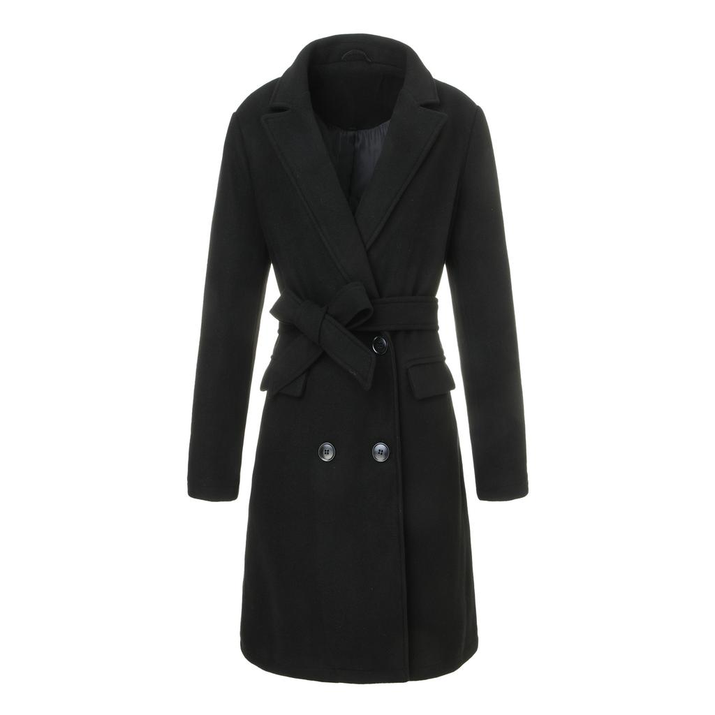 European, American Autumn and Winter Street Woolen Long Women's Coat Belt Double-breasted Lapel Tie-up Women's Coat