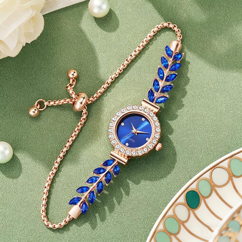 New Fashion Women Quartz Watch Leaf Design Slim Strap Rhinestone Round Dial Pull Adjustable Bracelet Wristwatch
