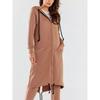 QICED Damenmode Lässig Einfarbiger Print Herbst Winter Langarm Kapuzenpullover Kleid