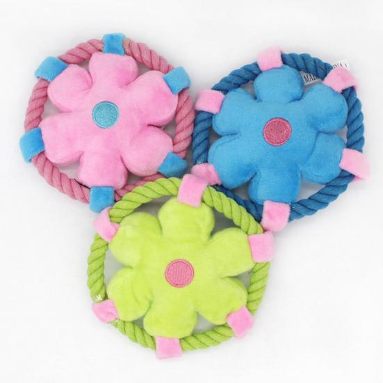 Plush Dog Flying Disc Squeaky Flower Dog Chew Toy with Rope Circle Interactive Fetch Toy for Large Small Dogs