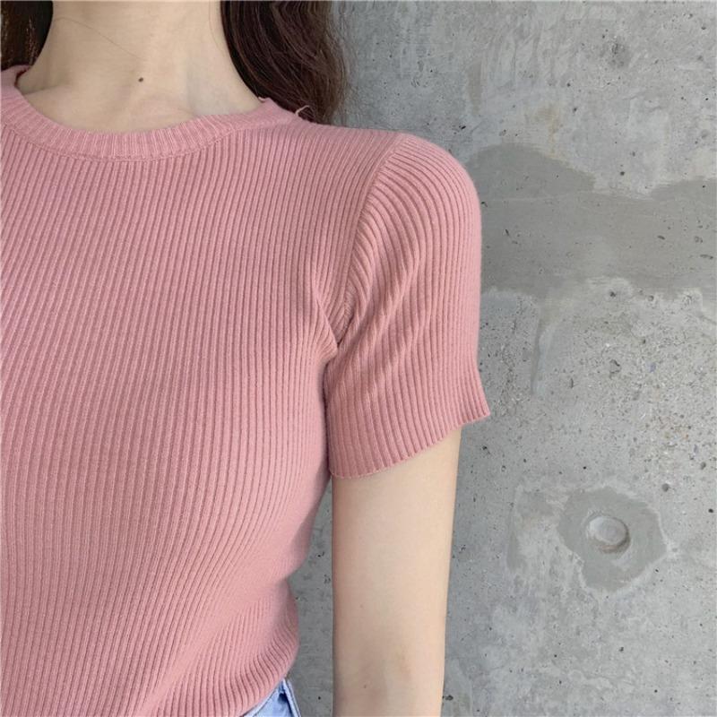 Fashion Avocado Green Short-sleeved T-shirt Female Spring and Summer Slim Tops Tight Knit Shirt Thin Wind Casual Essential Slim Fit Pullovers Tees
