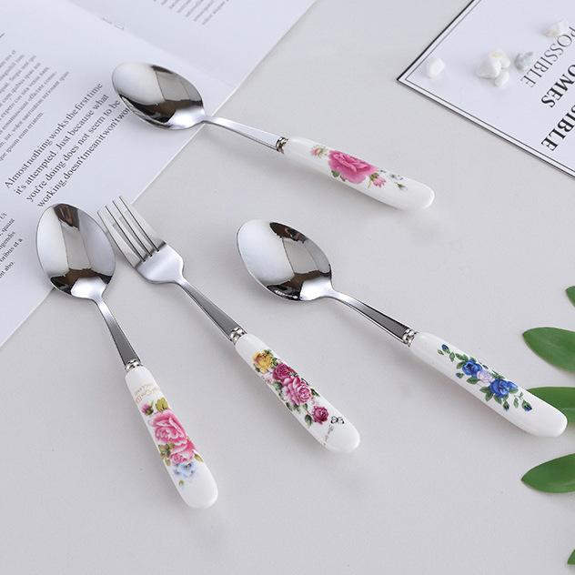 Floral ceramic handle fork rice spoon tableware stainless steel soup coffee ice spoon dessert household mixing spoon 5pcs