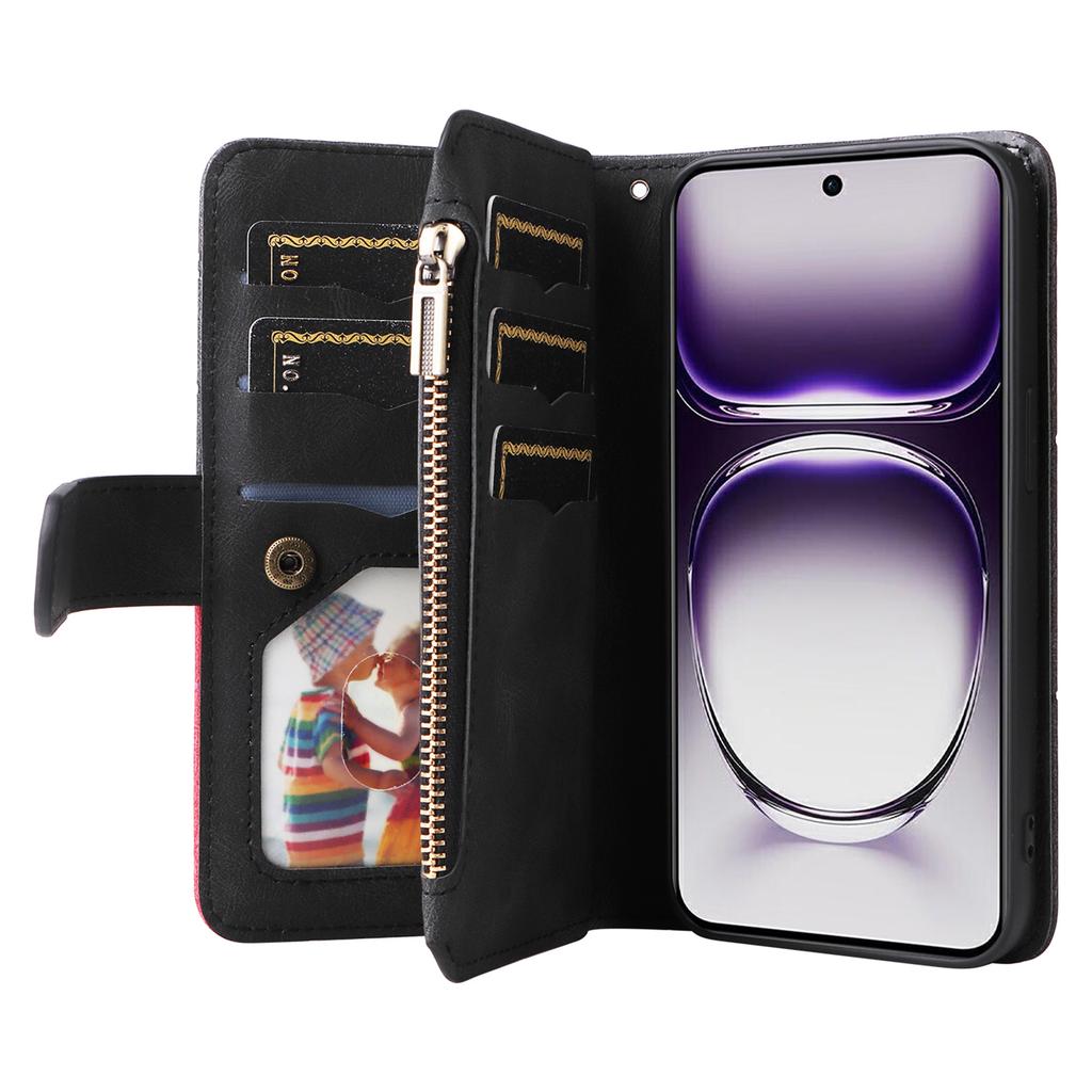 For Oppo Reno12 5G (Global) Leather Case with Strap Zipper 9 Card Slot Phone Cover Stand