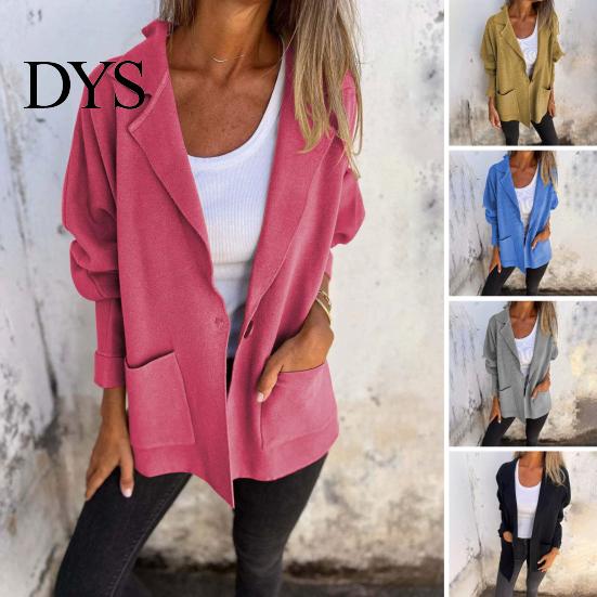 Solid Color Jacket Women Autumn Winter Lapel Collar Loose Casual Coat with Pocket Single-breasted Long Sleeves Top